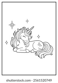 Magical Unicorn Coloring Page for Kids. Printable Black and White Activity Sheet with a Cute Unicorn Cartoon Character. Fun Kindergarten Art for Creativity and Learning
