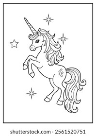 Magical Unicorn Coloring Page for Kids. Printable Black and White Activity Sheet with a Cute Unicorn Cartoon Character. Fun Kindergarten Art for Creativity and Learning
