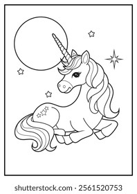 Magical Unicorn Coloring Page for Kids. Printable Black and White Activity Sheet with a Cute Unicorn Cartoon Character. Fun Kindergarten Art for Creativity and Learning
