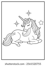 Magical Unicorn Coloring Page for Kids. Printable Black and White Activity Sheet with a Cute Unicorn Cartoon Character. Fun Kindergarten Art for Creativity and Learning
