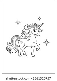 Magical Unicorn Coloring Page for Kids. Printable Black and White Activity Sheet with a Cute Unicorn Cartoon Character. Fun Kindergarten Art for Creativity and Learning
