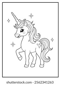 Magical Unicorn Coloring Page for Kids. Printable Black and White Activity Sheet with a Cute Unicorn Cartoon Character. Fun Kindergarten Art for Creativity and Learning
