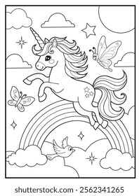 Magical Unicorn Coloring Page for Kids. Printable Black and White Activity Sheet with a Cute Unicorn Cartoon Character. Fun Kindergarten Art for Creativity and Learning
