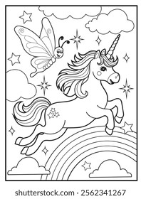 Magical Unicorn Coloring Page for Kids. Printable Black and White Activity Sheet with a Cute Unicorn Cartoon Character. Fun Kindergarten Art for Creativity and Learning
