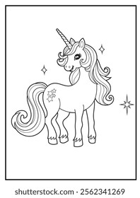 Magical Unicorn Coloring Page for Kids. Printable Black and White Activity Sheet with a Cute Unicorn Cartoon Character. Fun Kindergarten Art for Creativity and Learning
