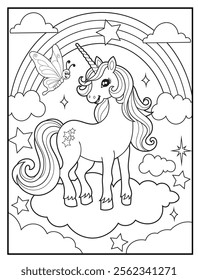 Magical Unicorn Coloring Page for Kids. Printable Black and White Activity Sheet with a Cute Unicorn Cartoon Character. Fun Kindergarten Art for Creativity and Learning
