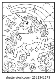 Magical Unicorn Coloring Page for Kids. Printable Black and White Activity Sheet with a Cute Unicorn Cartoon Character. Fun Kindergarten Art for Creativity and Learning
