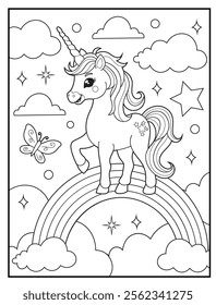 Magical Unicorn Coloring Page for Kids. Printable Black and White Activity Sheet with a Cute Unicorn Cartoon Character. Fun Kindergarten Art for Creativity and Learning
