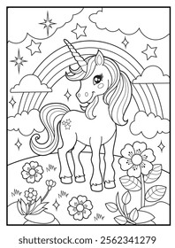 Magical Unicorn Coloring Page for Kids. Printable Black and White Activity Sheet with a Cute Unicorn Cartoon Character. Fun Kindergarten Art for Creativity and Learning
