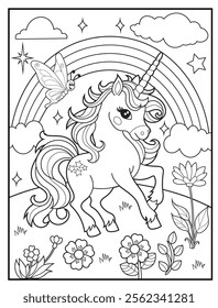 Magical Unicorn Coloring Page for Kids. Printable Black and White Activity Sheet with a Cute Unicorn Cartoon Character. Fun Kindergarten Art for Creativity and Learning
