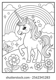 Magical Unicorn Coloring Page for Kids. Printable Black and White Activity Sheet with a Cute Unicorn Cartoon Character. Fun Kindergarten Art for Creativity and Learning
