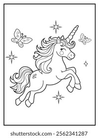 Magical Unicorn Coloring Page for Kids. Printable Black and White Activity Sheet with a Cute Unicorn Cartoon Character. Fun Kindergarten Art for Creativity and Learning
