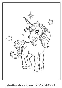 Magical Unicorn Coloring Page for Kids. Printable Black and White Activity Sheet with a Cute Unicorn Cartoon Character. Fun Kindergarten Art for Creativity and Learning
