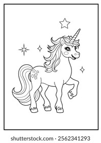 Magical Unicorn Coloring Page for Kids. Printable Black and White Activity Sheet with a Cute Unicorn Cartoon Character. Fun Kindergarten Art for Creativity and Learning
