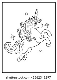 Magical Unicorn Coloring Page for Kids. Printable Black and White Activity Sheet with a Cute Unicorn Cartoon Character. Fun Kindergarten Art for Creativity and Learning
