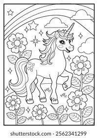 Magical Unicorn Coloring Page for Kids. Printable Black and White Activity Sheet with a Cute Unicorn Cartoon Character. Fun Kindergarten Art for Creativity and Learning
