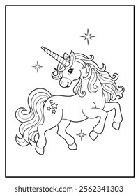 Magical Unicorn Coloring Page for Kids. Printable Black and White Activity Sheet with a Cute Unicorn Cartoon Character. Fun Kindergarten Art for Creativity and Learning
