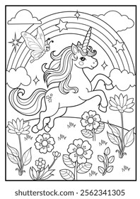 Magical Unicorn Coloring Page for Kids. Printable Black and White Activity Sheet with a Cute Unicorn Cartoon Character. Fun Kindergarten Art for Creativity and Learning
