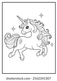 Magical Unicorn Coloring Page for Kids. Printable Black and White Activity Sheet with a Cute Unicorn Cartoon Character. Fun Kindergarten Art for Creativity and Learning
