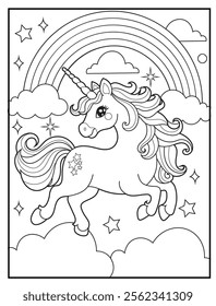 Magical Unicorn Coloring Page for Kids. Printable Black and White Activity Sheet with a Cute Unicorn Cartoon Character. Fun Kindergarten Art for Creativity and Learning
