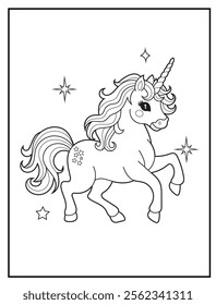 Magical Unicorn Coloring Page for Kids. Printable Black and White Activity Sheet with a Cute Unicorn Cartoon Character. Fun Kindergarten Art for Creativity and Learning
