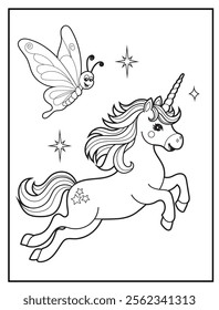 Magical Unicorn Coloring Page for Kids. Printable Black and White Activity Sheet with a Cute Unicorn Cartoon Character. Fun Kindergarten Art for Creativity and Learning
