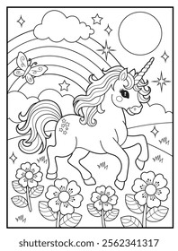 Magical Unicorn Coloring Page for Kids. Printable Black and White Activity Sheet with a Cute Unicorn Cartoon Character. Fun Kindergarten Art for Creativity and Learning
