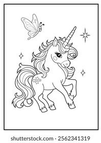 Magical Unicorn Coloring Page for Kids. Printable Black and White Activity Sheet with a Cute Unicorn Cartoon Character. Fun Kindergarten Art for Creativity and Learning
