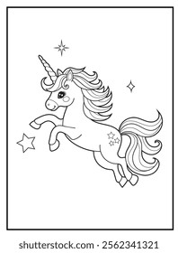 Magical Unicorn Coloring Page for Kids. Printable Black and White Activity Sheet with a Cute Unicorn Cartoon Character. Fun Kindergarten Art for Creativity and Learning
