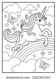 Magical Unicorn Coloring Page for Kids. Printable Black and White Activity Sheet with a Cute Unicorn Cartoon Character. Fun Kindergarten Art for Creativity and Learning
