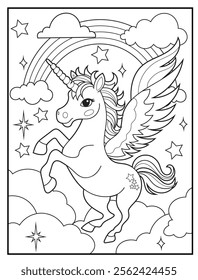 Magical Unicorn Coloring Page for Kids. Printable Black and White Activity Sheet with a Cute Unicorn Cartoon Character. Fun Kindergarten Art for Creativity and Learning
