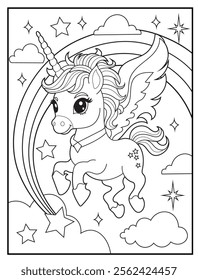 Magical Unicorn Coloring Page for Kids. Printable Black and White Activity Sheet with a Cute Unicorn Cartoon Character. Fun Kindergarten Art for Creativity and Learning
