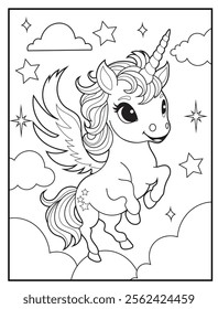 Magical Unicorn Coloring Page for Kids. Printable Black and White Activity Sheet with a Cute Unicorn Cartoon Character. Fun Kindergarten Art for Creativity and Learning
