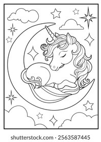 Magical Unicorn Coloring Page for Kids. Printable Black and White Activity Sheet with a cute Unicorn Cartoon Character on a crescent moon. Fun Kindergarten Art for Creativity and Learning
