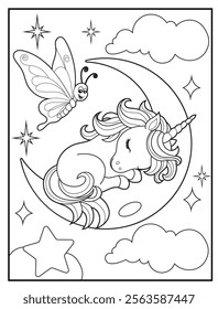 Magical Unicorn Coloring Page for Kids. Printable Black and White Activity Sheet with a cute Unicorn Cartoon Character on a crescent moon. Fun Kindergarten Art for Creativity and Learning
