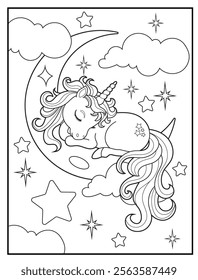 Magical Unicorn Coloring Page for Kids. Printable Black and White Activity Sheet with a cute Unicorn Cartoon Character on a crescent moon. Fun Kindergarten Art for Creativity and Learning
