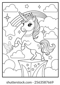 Magical Unicorn Coloring Page for Kids. Printable Black and White Activity Sheet with a Cute Unicorn Cartoon Character. Fun Kindergarten Art for Creativity and Learning
