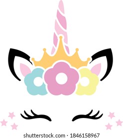Magical unicorn with crown and flowers for birthday, tshirts and other prints