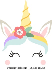 Magical unicorn face with rainbow colored mane, golden horn and a pink flower crown smiling sweetly with closed eyes, simple vector illustration for kids