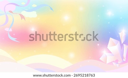 Magical unicorn fantasy background with soft pastel rainbow gradient, glitter, ribbons, clouds, and shimmering crystals. Ideal for kids, invitations, and mystical themes.