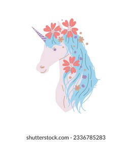 Magical unicorn with flowers in blue mane, cartoon flat vector illustration isolated on white background. Dreamy fairytale animal head. Fantastic horse drawing, great for kids designs.