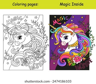 Magical unicorn with flowers with lettering Magic inside. Cartoon vector illustration. Kids monochrome coloring page with colored template. For coloring, education, print, game, decor, puzzle, design