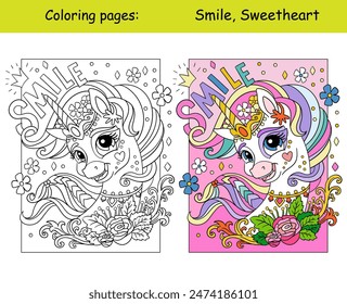 Magical unicorn with flowers with lettering Smile. Cartoon vector illustration. Kids monochrome coloring page with colored template. For coloring, education, print, game, decor, puzzle, design