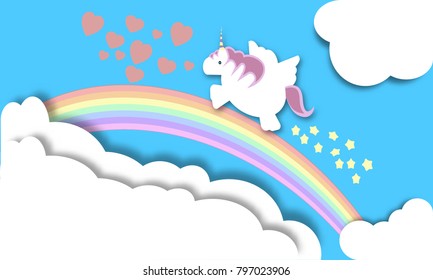 Magical unicorn flying over a rainbow, Fantasy concept. 