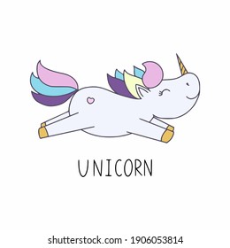 A magical unicorn for a girl. The inscription unicorn by hand. Vector illustration in the doodle style. Drawing for children's clothing.