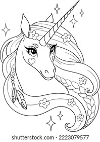 Magical unicorn with gorgeous mane. Vector illustration for coloring