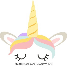 Magical unicorn head with closed eyes, golden horn and pastel rainbow mane, perfect for children s designs, fantasy illustrations and magical projects