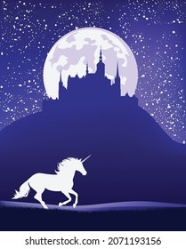 magical unicorn horse running at night with medieval castle skuline against full moon - fairy tale stallion silhouette and fantasy landscape vector design