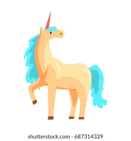 Magical unicorn horse with turquoise mane, mythical and fantastic animal vector Illustration