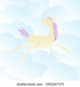 A magical unicorn jumps against the background of clouds. Vector children's illustration.